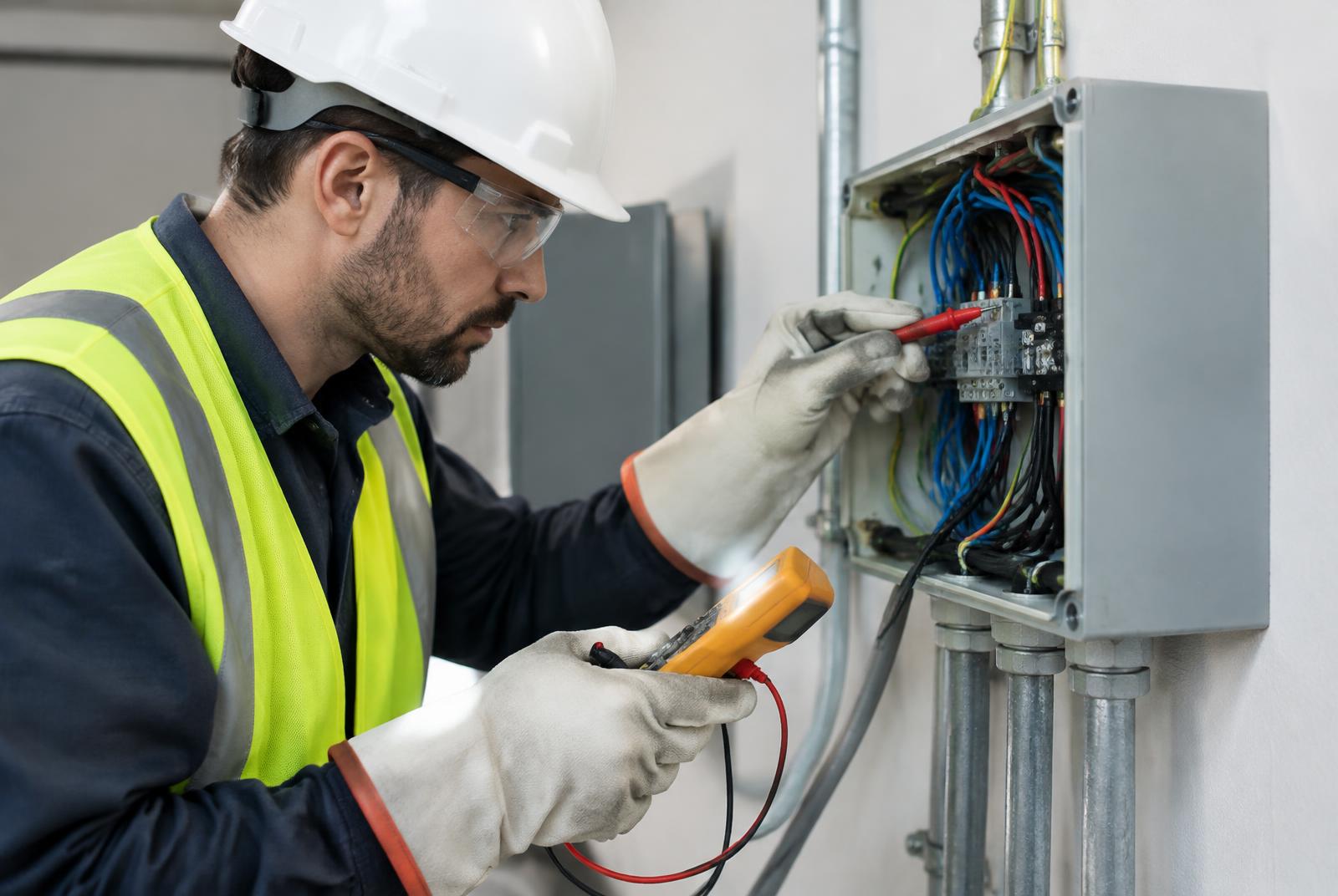 Electrician testing electrical wiring with a multimeter
