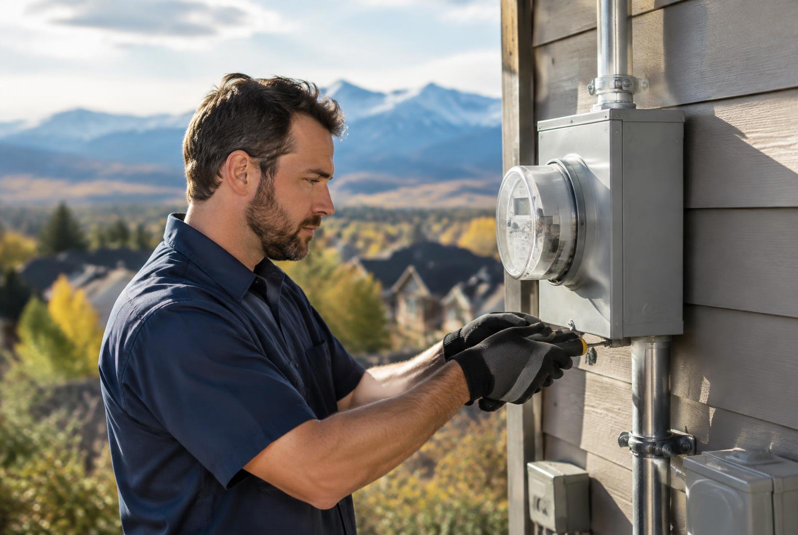 Electrician working on an exterior home electrical meter